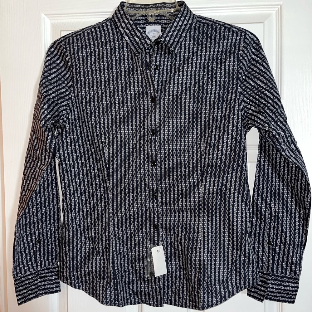 NEW Brooks Brothers Classic Fit No Iron Button Front Shirt 10 Navy Gray Stripe